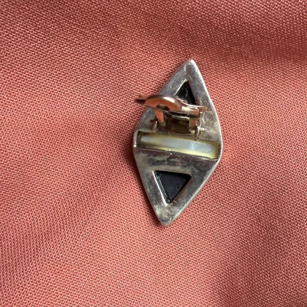 Vintage Art Deco Sterling silver Onyx Mother of Pearl and Marcasite Clip-on Earr
